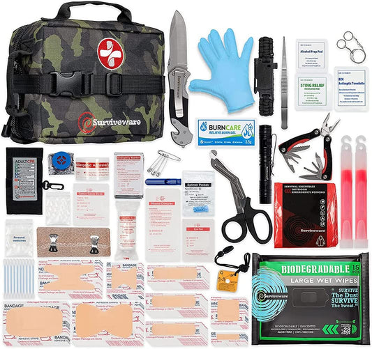 Survival First Aid Kit - Emergency Preparedness at Home, Car, Office, Hiking, Camping & Outdoors Activities - 180 Pcs Medical Supplies W/Removable MOLLE System & Labeled Compartments