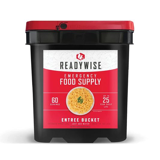 READYWISE Emergency, MRE Supply, Premade, Freeze Dried Survival Food for Hiking, Adventure & Camping Essentials, Individually Packaged, 25 Year Shelf Life, ENTRÉE GRAB & GO Bucket - 60 Servings