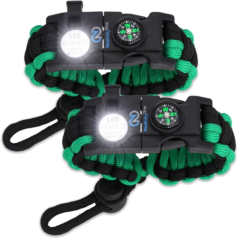 Nexfinity One Survival Paracord Bracelet - Tactical Emergency Gear Kit with SOS LED Light, 550 Grade, Adjustable, Multitools, Fire Starter, Compass, and Whistle - Set of 2