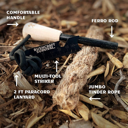Bushcraft Survival Ferro Rod Fire Starter Kit & Backpacking Multitool | Flint and Steel Striker | Waterproof Magnesium Farrow Rod Tool & Firestarter for Campfires