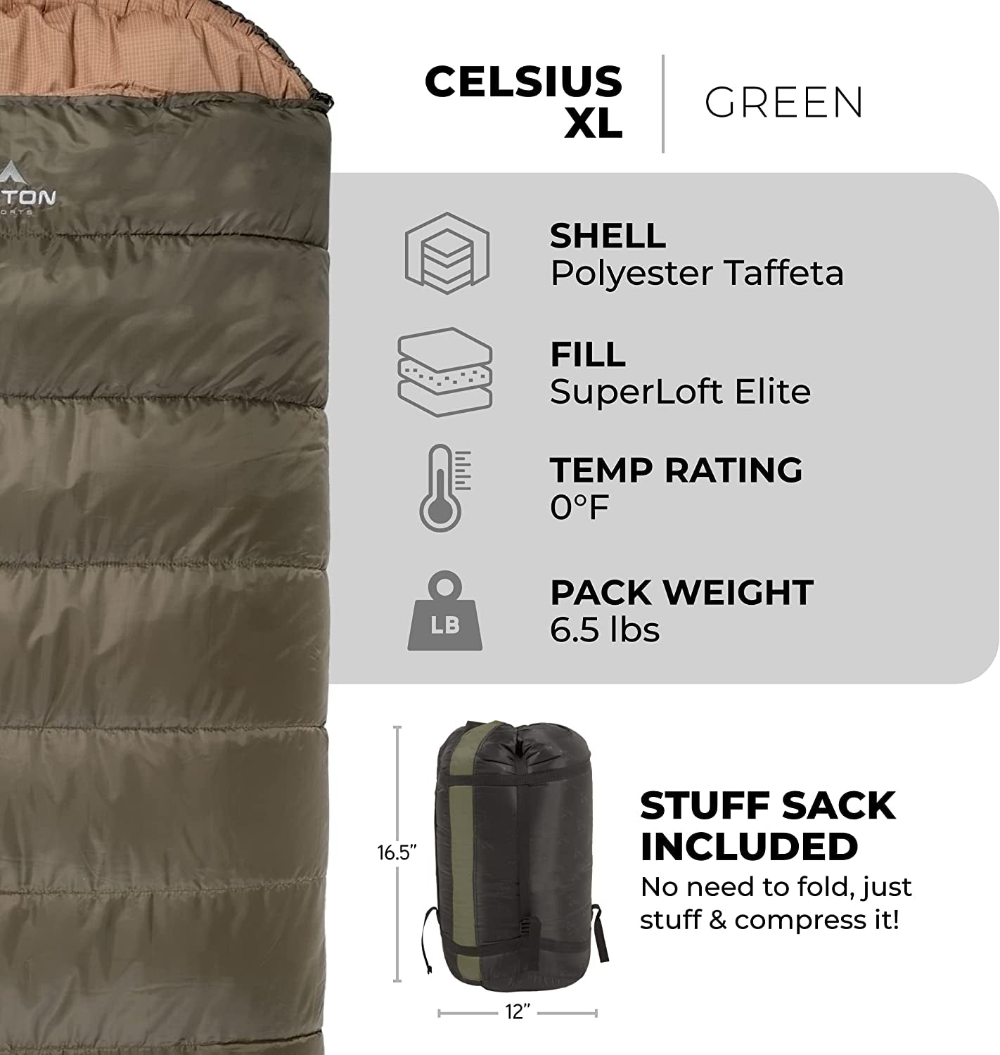 Celsius XL Sleeping Bag; Great for Family Camping; Free Compression Sack