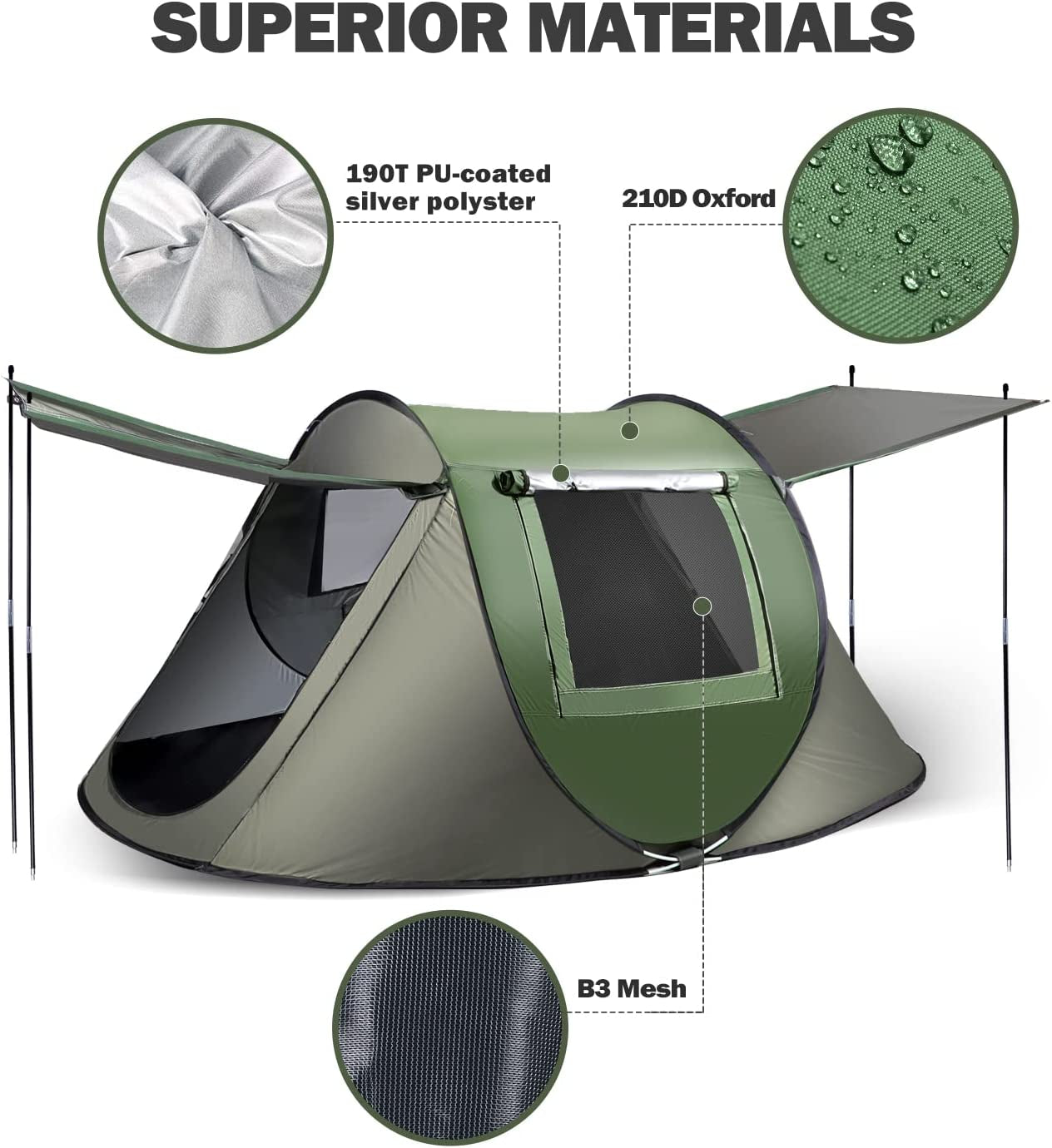 Instant Pop up Tent, Automatic Easy Setup Outdoor Waterproof Windproof Family Tent, Upgraded 2 Doors Vestibule Sun Shelter for 2/3 People Outdoor Camping,Travelling,Hiking, Beach,Green
