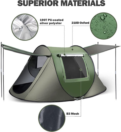 Instant Pop up Tent, Automatic Easy Setup Outdoor Waterproof Windproof Family Tent, Upgraded 2 Doors Vestibule Sun Shelter for 2/3 People Outdoor Camping,Travelling,Hiking, Beach,Green