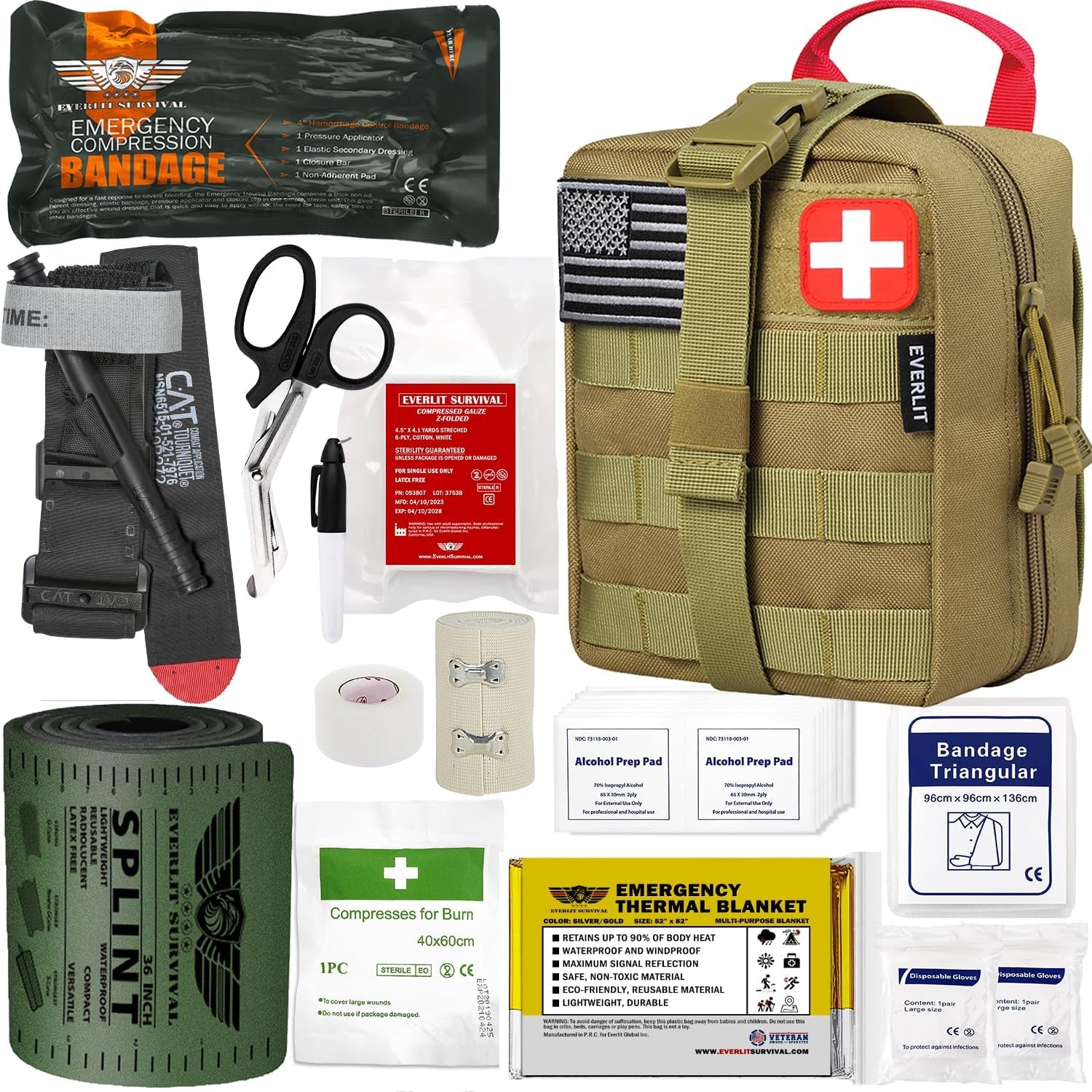 Emergency Trauma Kit, CAT GEN-7 Multi-Purpose SOS Everyday Carry IFAK for Wilderness, Trip, Cars, Hiking, Camping, Father’S Day Birthday Gift for Him Men Husband Dad Boyfriend (Tan)