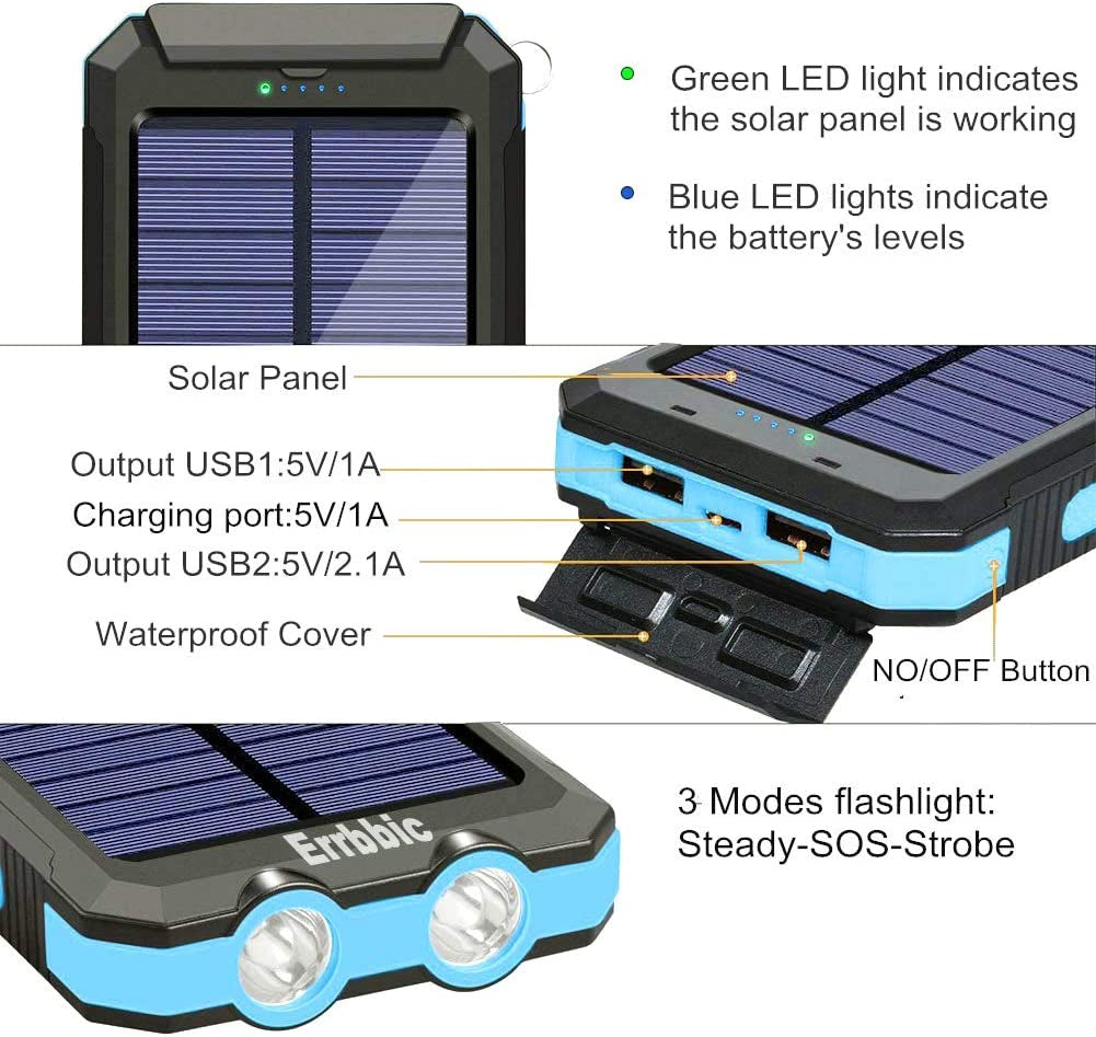 Solar Power Bank Portable Charger 20000Mah Waterproof Battery Backup Charger Solar Panel Charger with Dual LED Flashlights and Compass for All Cellphones, Tablets, and Electronic Devices
