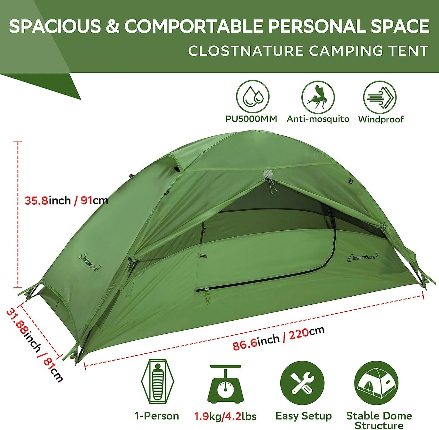 1-Person Tent for Backpacking - Ultralight One Person Backpacking Tent, Hiking Tent for One Man, Solo, Single Person