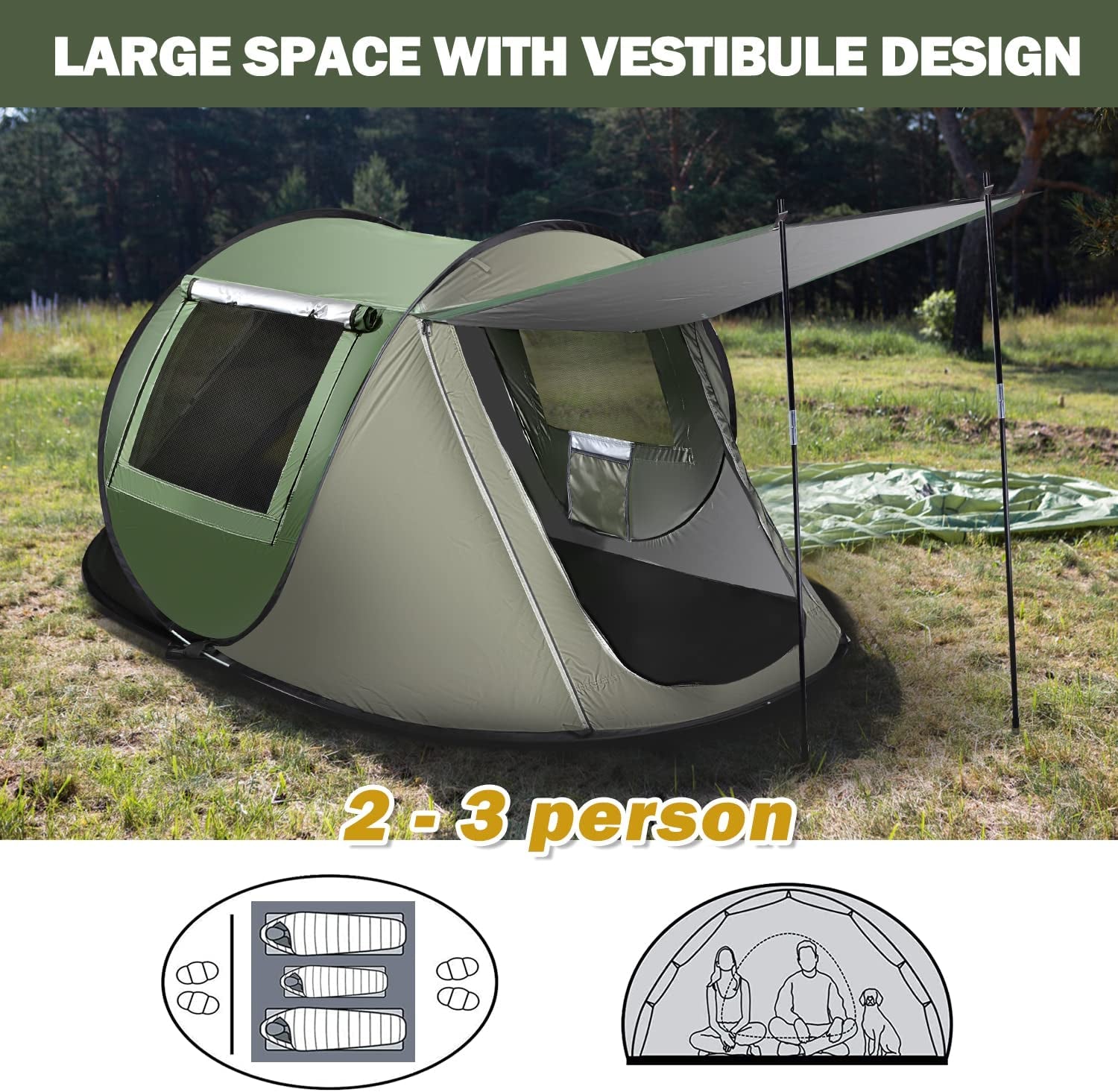 Instant Pop up Tent, Automatic Easy Setup Outdoor Waterproof Windproof Family Tent, Upgraded 2 Doors Vestibule Sun Shelter for 2/3 People Outdoor Camping,Travelling,Hiking, Beach,Green