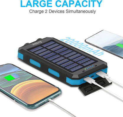 Solar Power Bank Portable Charger 20000Mah Waterproof Battery Backup Charger Solar Panel Charger with Dual LED Flashlights and Compass for All Cellphones, Tablets, and Electronic Devices