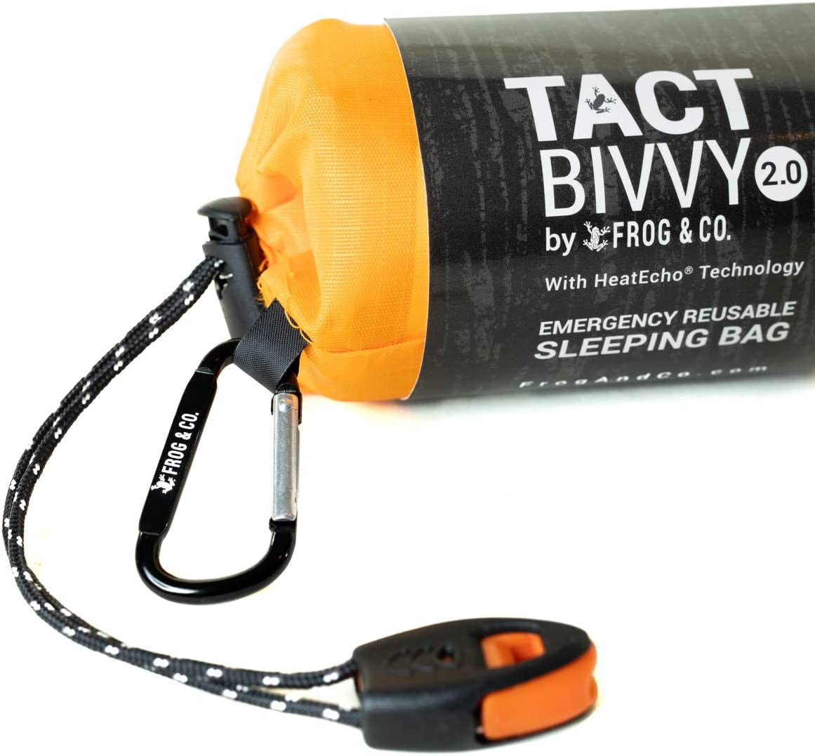 Tact Bivvy 2.0 Emergency Sleeping Bag W/Stuff Sack, Carabiner, Survival Whistle, Paratinder - Compact, Lightweight, Waterproof, Reusable, Thermal Bivy Sack Cover, Shelter Kit