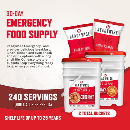 Emergency Food 30-Day Supply, Freeze-Dried Survival Food for Emergencies, Breakfast, Lunch, and Dinner, 2 Buckets, 25-Year Shelf Life, 298 Servings Total