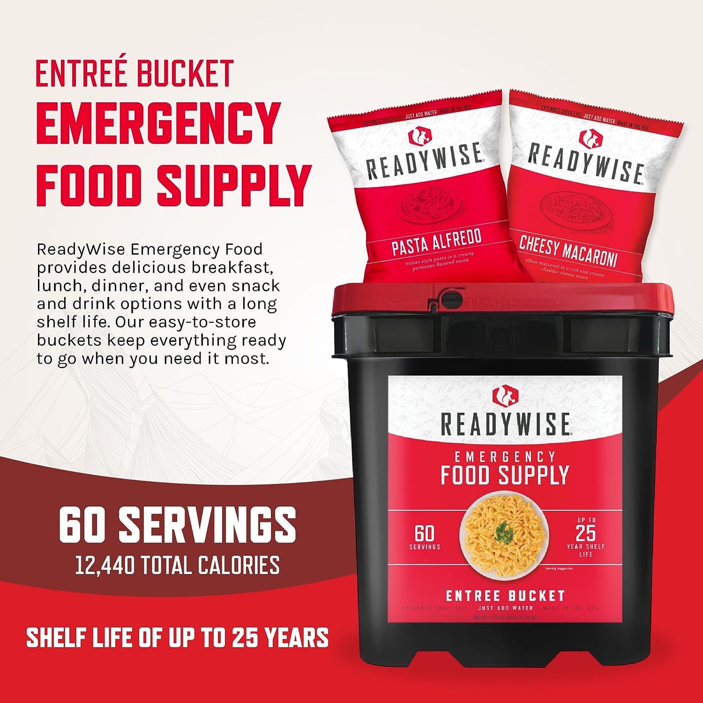 READYWISE Emergency, MRE Supply, Premade, Freeze Dried Survival Food for Hiking, Adventure & Camping Essentials, Individually Packaged, 25 Year Shelf Life, ENTRÉE GRAB & GO Bucket - 60 Servings