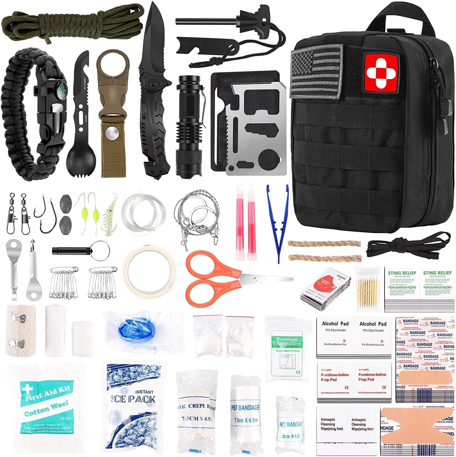 216 Pcs Survival First Aid Kit, Professional Survival Gear Equipment Tools First Aid Supplies for SOS Emergency Hiking Hunting Disaster Camping Adventures
