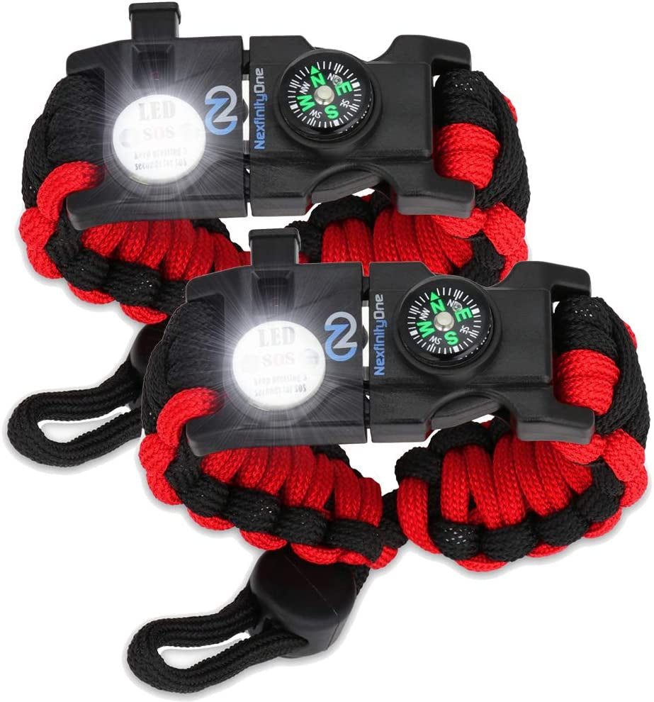 Nexfinity One Survival Paracord Bracelet - Tactical Emergency Gear Kit with SOS LED Light, 550 Grade, Adjustable, Multitools, Fire Starter, Compass, and Whistle - Set of 2