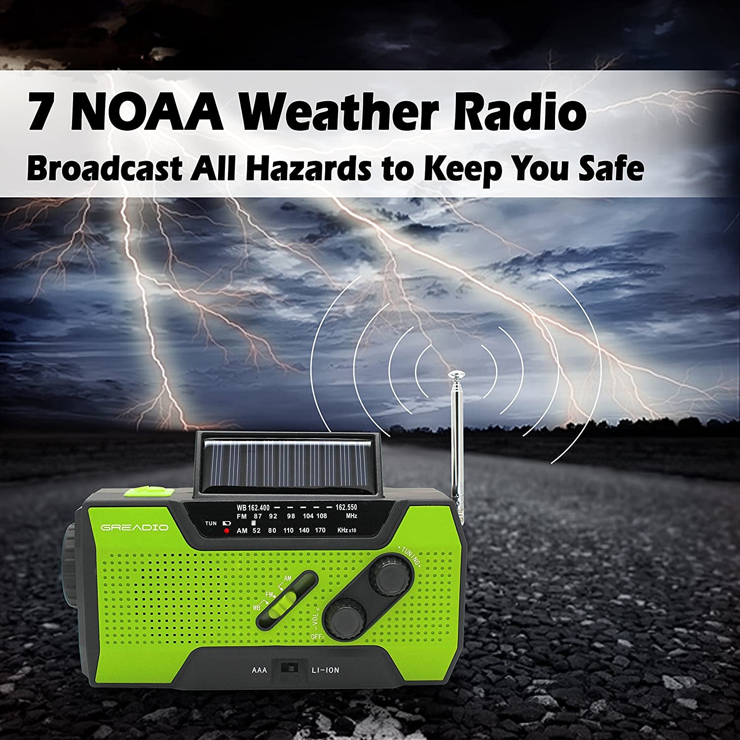 Emergency Weather Solar Crank AM/FM NOAA Radio with Portable 2000Mah Power Bank, Bright Flashlight and Reading Lamp for Household Emergency and Outdoor Survival (Green)