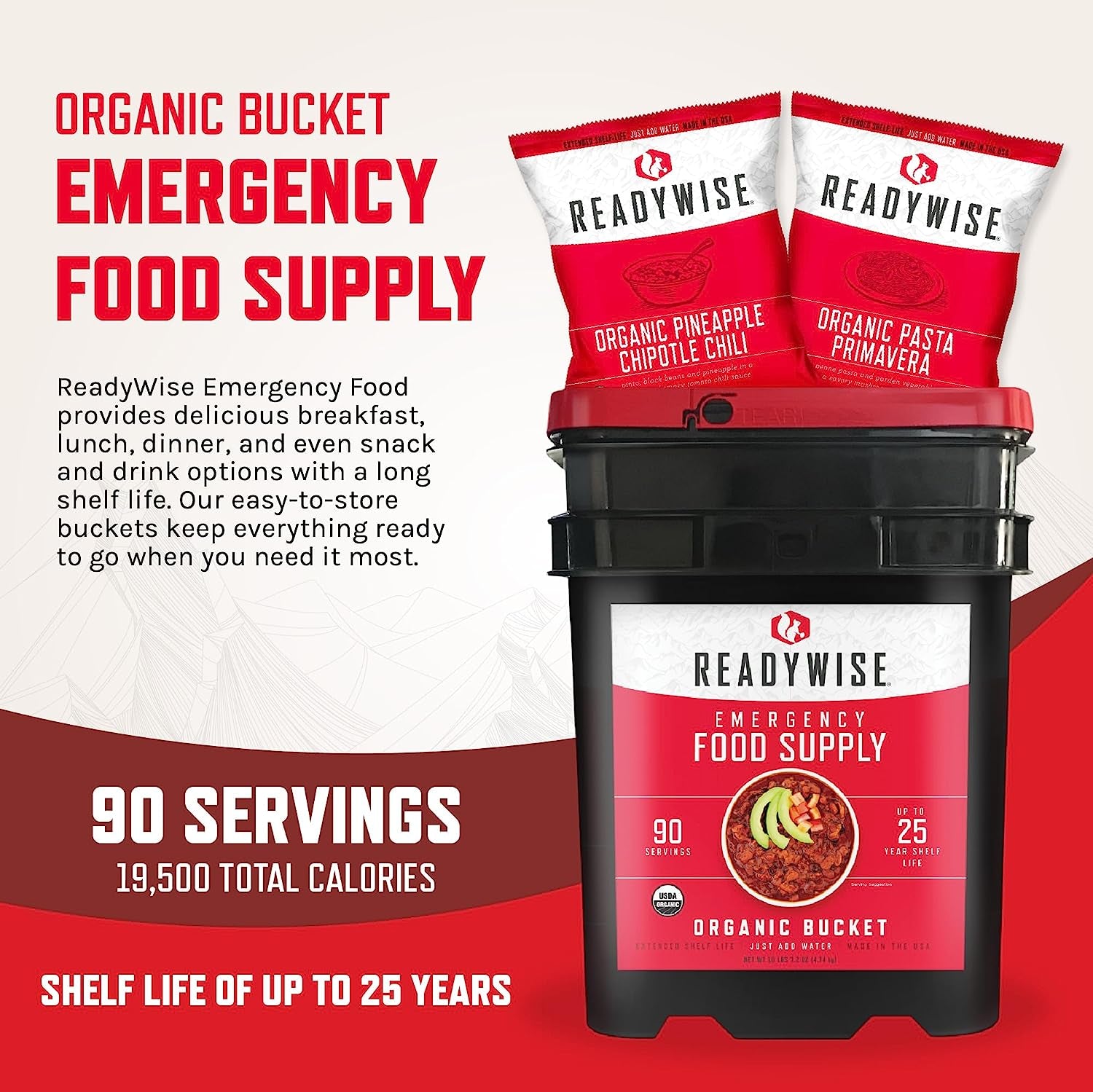 READYWISE Emergency, MRE Meal, Food Supply, Premade, Freeze Dried Survival Food for Hiking, Adventure and Camping Essentials, Individually Packaged, 25 Year Shelf Life ORGANIC Bucket - 90 Servings