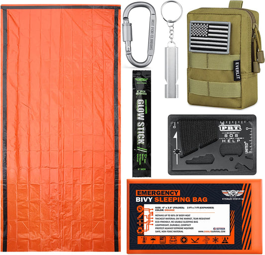 Bivy Sack Mylar Thermal Blanket Emergency Sleeping Bag Survival Kit, Glow Stick, Emergency Whistle, Multifunctional Tool Card, Tactical Pouch Perfect for Camping Hiking Outdoor