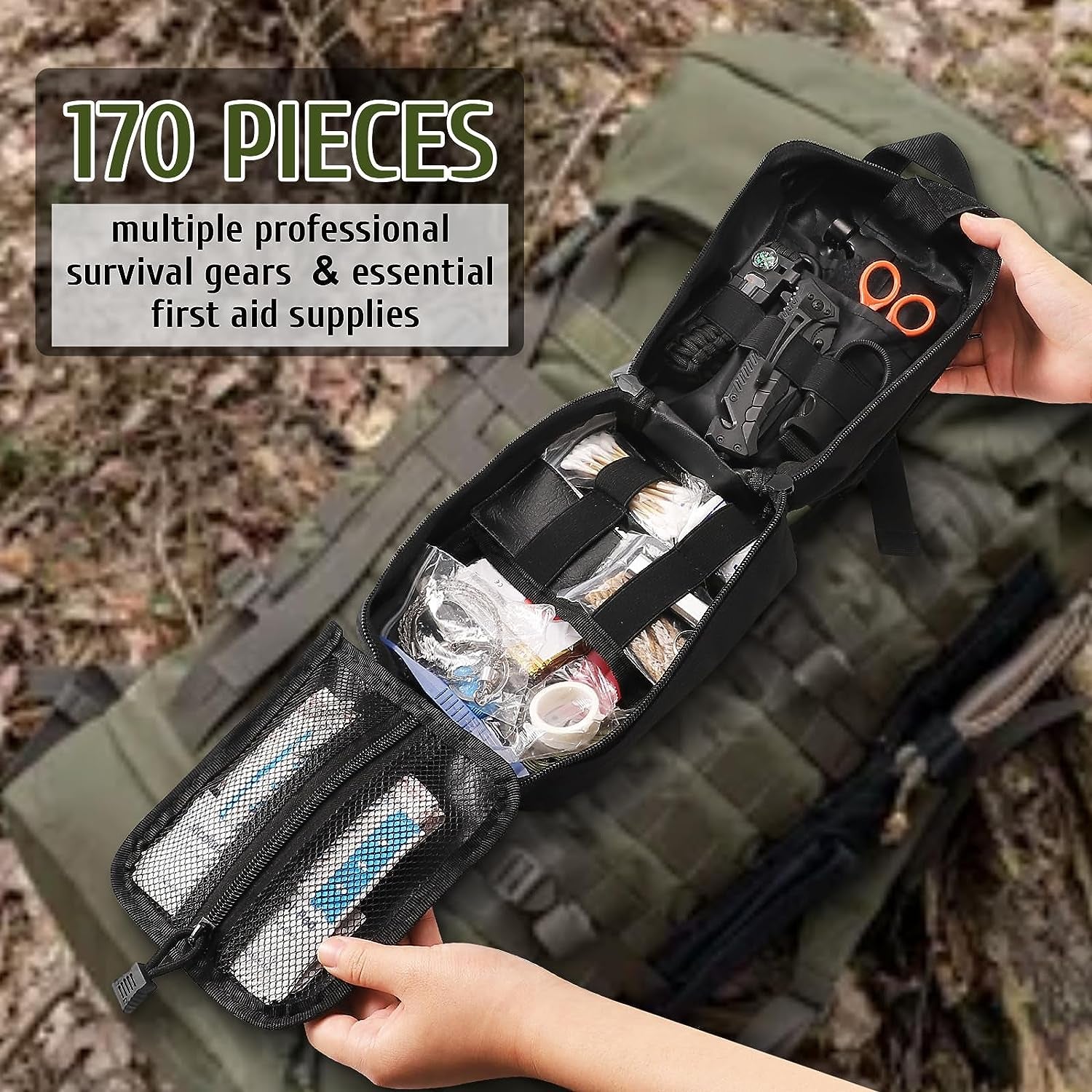 170 PCS Survival First Aid Kit, Tactical Trauma Kit with Essential Gear Emergency Medical Supplies for Hiking Camping Backpacking Outdoor Adventure(Black)