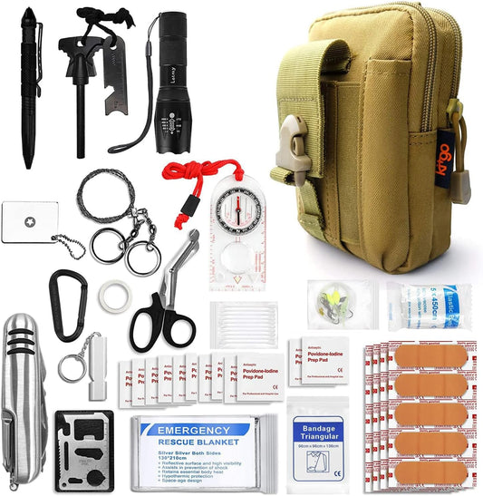 Outdoor Survival First Aid Kit 101 Piece Professional Emergency Survival Gear Tool for Hunting Hiking Camping Outdoor Adventure Fishing Travel Home Office Military Tropical Storms (Khaki)