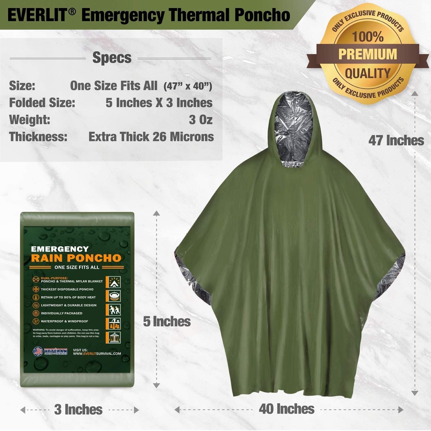 Survival Rain Poncho Emergency Mylar Space Blanket Camping Gear-Retain 90% of Body Heat Survival Gear for Survival Kits Camping Supplies Emergency Blankets