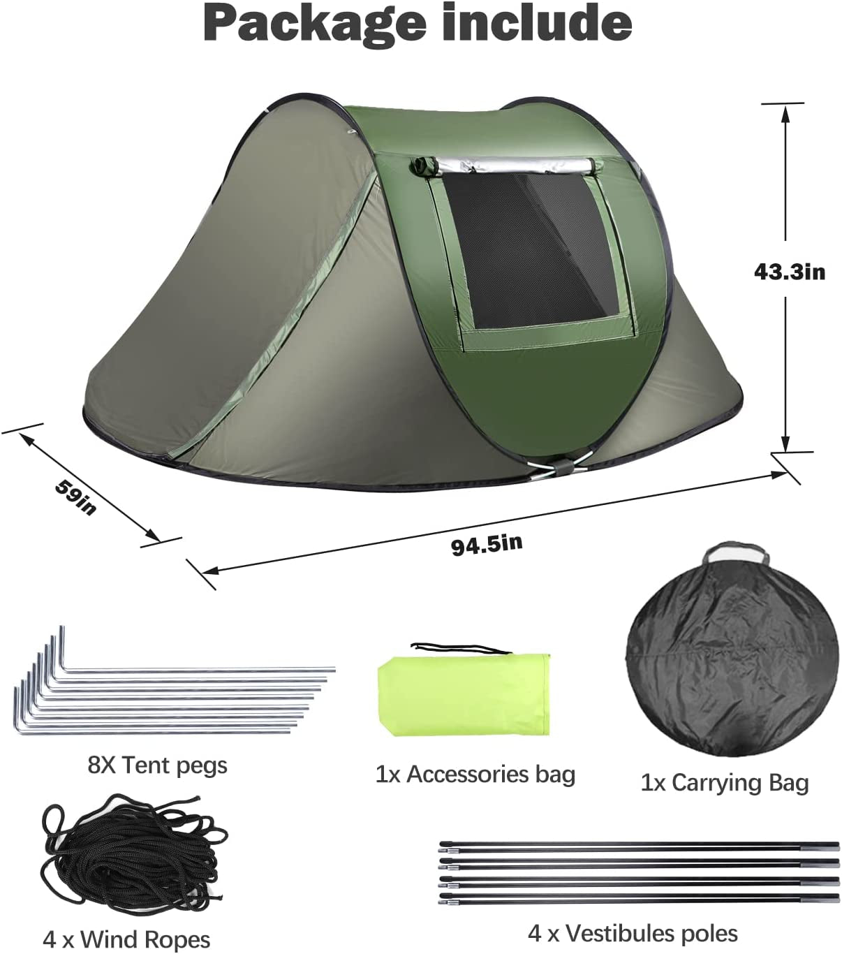 Instant Pop up Tent, Automatic Easy Setup Outdoor Waterproof Windproof Family Tent, Upgraded 2 Doors Vestibule Sun Shelter for 2/3 People Outdoor Camping,Travelling,Hiking, Beach,Green