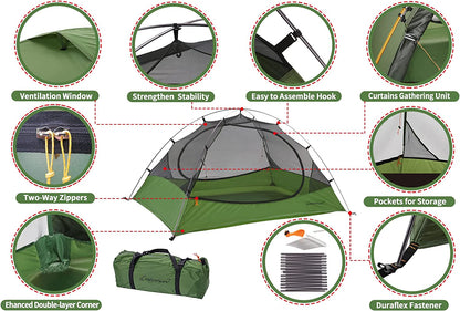 1-Person Tent for Backpacking - Ultralight One Person Backpacking Tent, Hiking Tent for One Man, Solo, Single Person