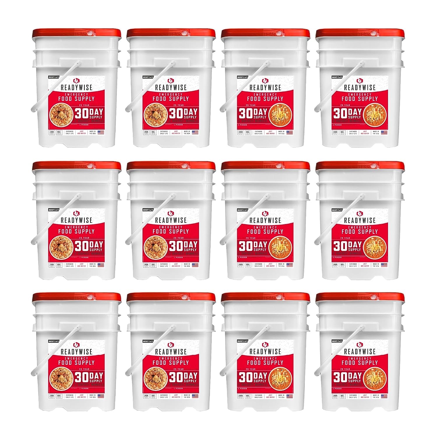 Emergency Food 30-Day Supply, Freeze-Dried Survival Food for Emergencies, Breakfast, Lunch, and Dinner, 2 Buckets, 25-Year Shelf Life, 298 Servings Total