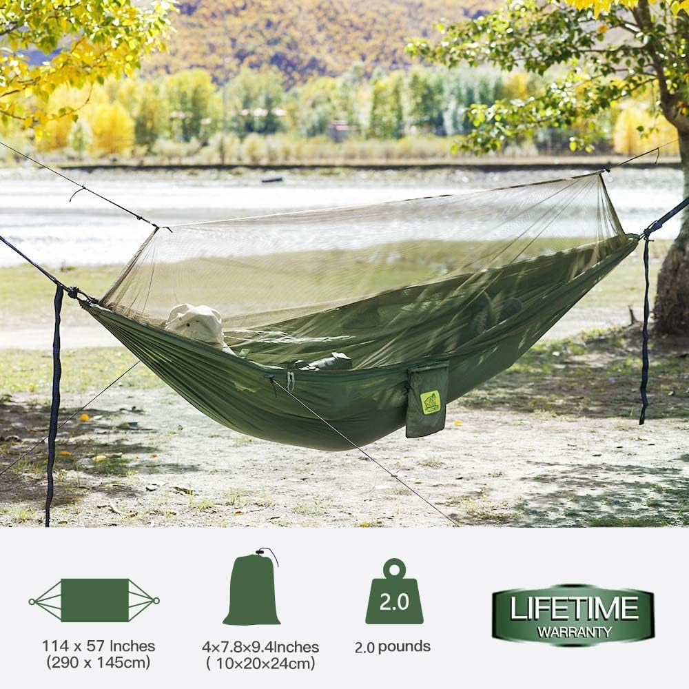 Camping Hammock with Net and Rain Fly, Portable Lightweight Outdoor Hammock Tree Travel Backpacking Hammock Tent with 20Ft(Total) Tree Straps, Perfect for Camping Hiking Yard Adventure Survival