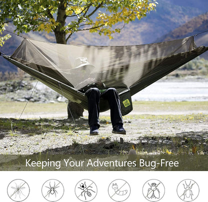 Camping Hammock with Net and Rain Fly, Portable Lightweight Outdoor Hammock Tree Travel Backpacking Hammock Tent with 20Ft(Total) Tree Straps, Perfect for Camping Hiking Yard Adventure Survival