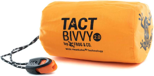 Tact Bivvy 2.0 Emergency Sleeping Bag W/Stuff Sack, Carabiner, Survival Whistle, Paratinder - Compact, Lightweight, Waterproof, Reusable, Thermal Bivy Sack Cover, Shelter Kit