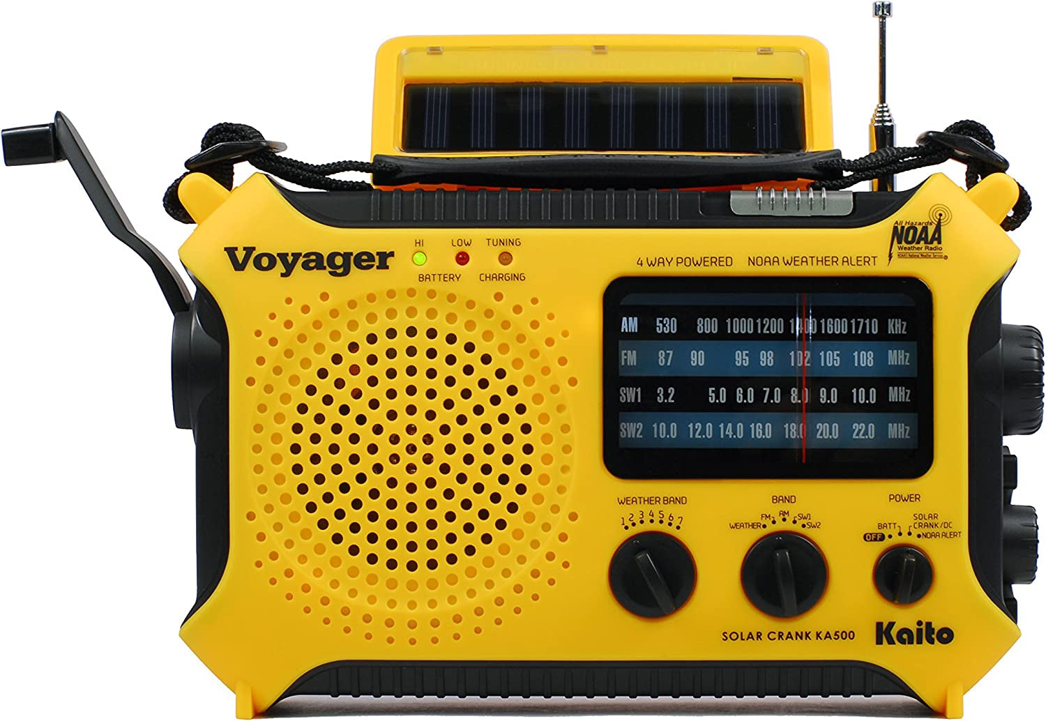 KA500 5-Way Powered Solar Power,Dynamo Crank, Wind up Emergency AM/FM/SW/NOAA Weather Alert Radio with Flashlight,Reading Lamp and Cellphone Charger, Yellow